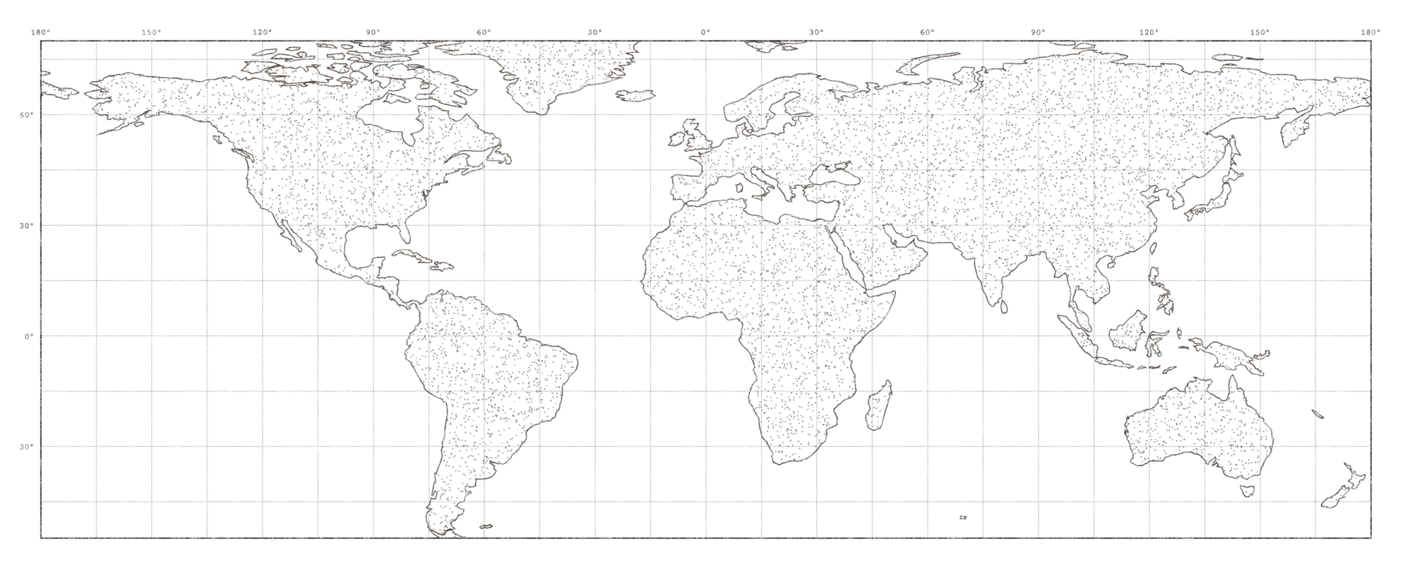 Hand-drawn world map with a mark on every place a song was recorded